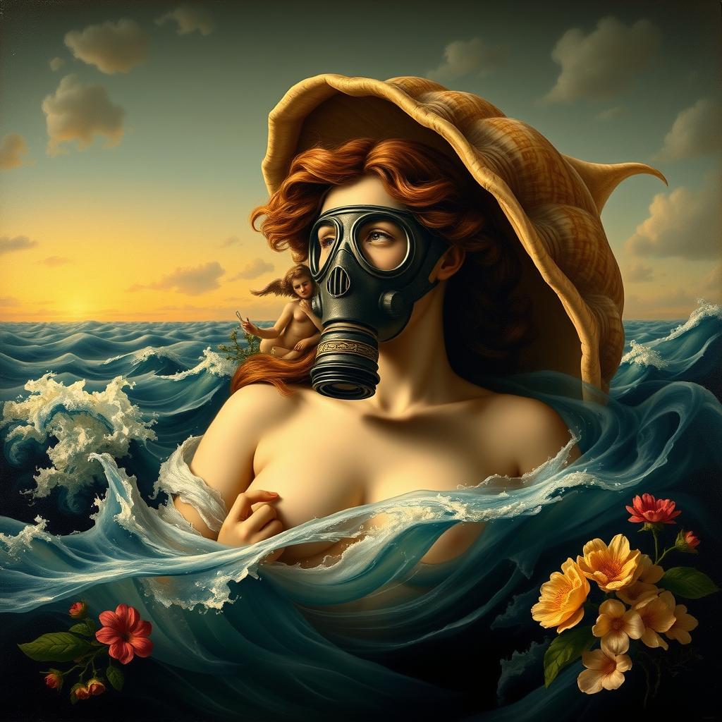 A reinterpretation of the masterpiece painting 'The Birth of Venus' depicting Venus emerging from the sea wearing a modern gas mask