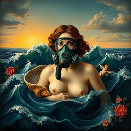 A reinterpretation of the masterpiece painting 'The Birth of Venus' depicting Venus emerging from the sea wearing a modern gas mask