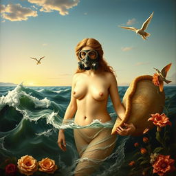 A reinterpretation of the masterpiece painting 'The Birth of Venus' depicting Venus emerging from the sea wearing a modern gas mask