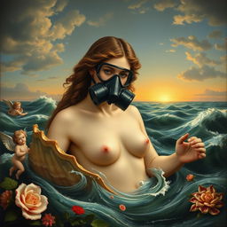 A reinterpretation of the masterpiece painting 'The Birth of Venus' depicting Venus emerging from the sea wearing a modern gas mask