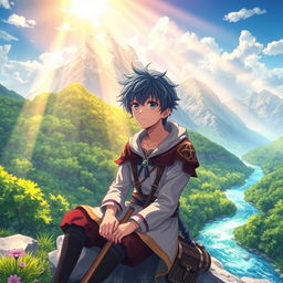 A beautifully crafted wallpaper featuring an anime boy who looks depressed, sitting in a breathtakingly beautiful world