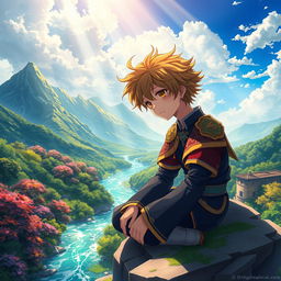 A beautifully crafted wallpaper featuring an anime boy who looks depressed, sitting in a breathtakingly beautiful world