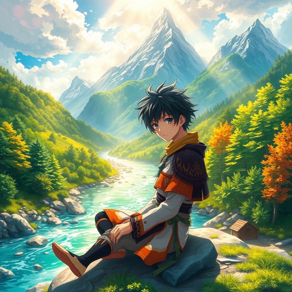 A beautifully crafted wallpaper featuring an anime boy who looks depressed, sitting in a breathtakingly beautiful world