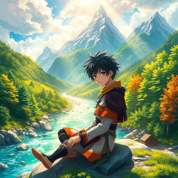 A beautifully crafted wallpaper featuring an anime boy who looks depressed, sitting in a breathtakingly beautiful world