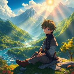 A beautifully crafted wallpaper featuring an anime boy who looks depressed, sitting in a breathtakingly beautiful world