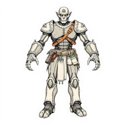 A full-body, hand-drawn illustration of a Warforged from Dungeons and Dragons, crafted in a fantasy illustrative style reminiscent of classic D&D artwork