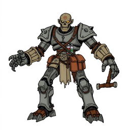 A full-body, hand-drawn illustration of a Warforged from Dungeons and Dragons, crafted in a fantasy illustrative style reminiscent of classic D&D artwork