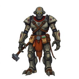 A full-body, hand-drawn illustration of a Warforged from Dungeons and Dragons, portrayed in a fantasy illustrative style reminiscent of classic D&D artwork