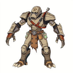 A full-body, hand-drawn illustration of a Warforged from Dungeons and Dragons, portrayed in a fantasy illustrative style reminiscent of classic D&D artwork