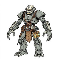 A full-body, hand-drawn illustration of a Warforged from Dungeons and Dragons, portrayed in a fantasy illustrative style reminiscent of classic D&D artwork