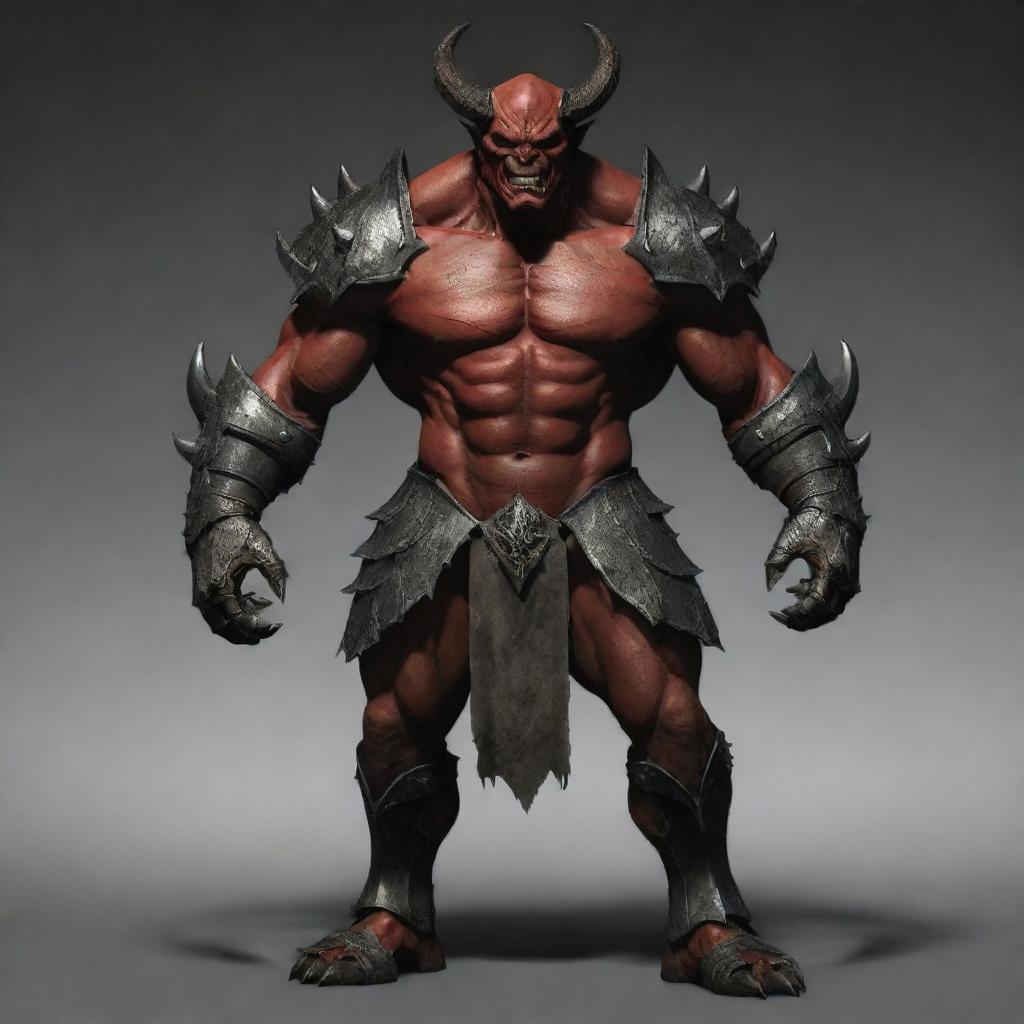 Enhance the image of the demon by adding extra layers of heavy, smooth armor, giving him a significantly more fortified and imposing appearance while maintaining a softened face.