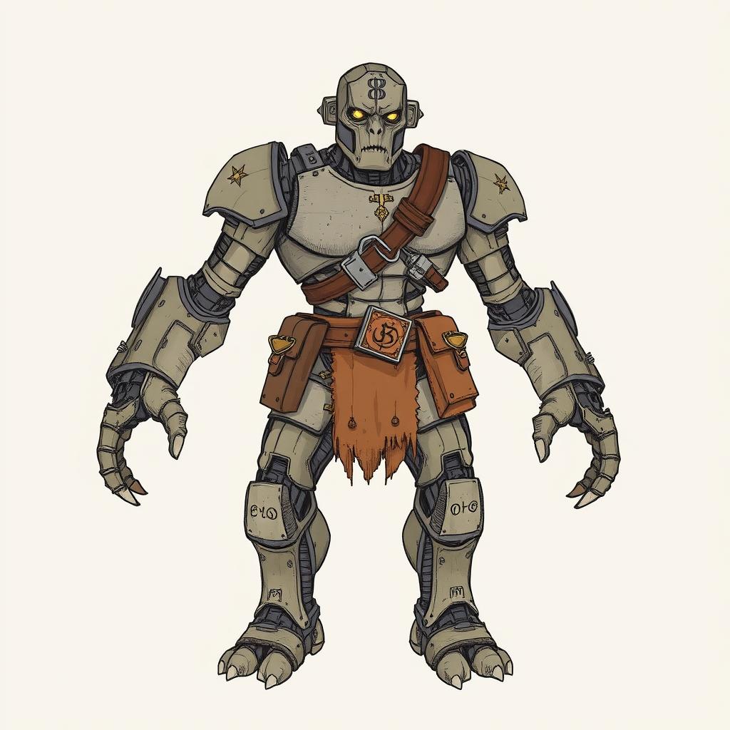 A full-body, hand-drawn illustration of a Warforged from Dungeons and Dragons, portrayed in a fantasy illustrative style reminiscent of classic D&D artwork