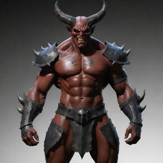 Enhance the image of the demon by adding extra layers of heavy, smooth armor, giving him a significantly more fortified and imposing appearance while maintaining a softened face.