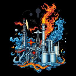 A dynamic and intricate t-shirt design featuring elements of the oil and gas industry