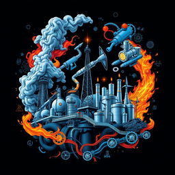 A dynamic and intricate t-shirt design featuring elements of the oil and gas industry