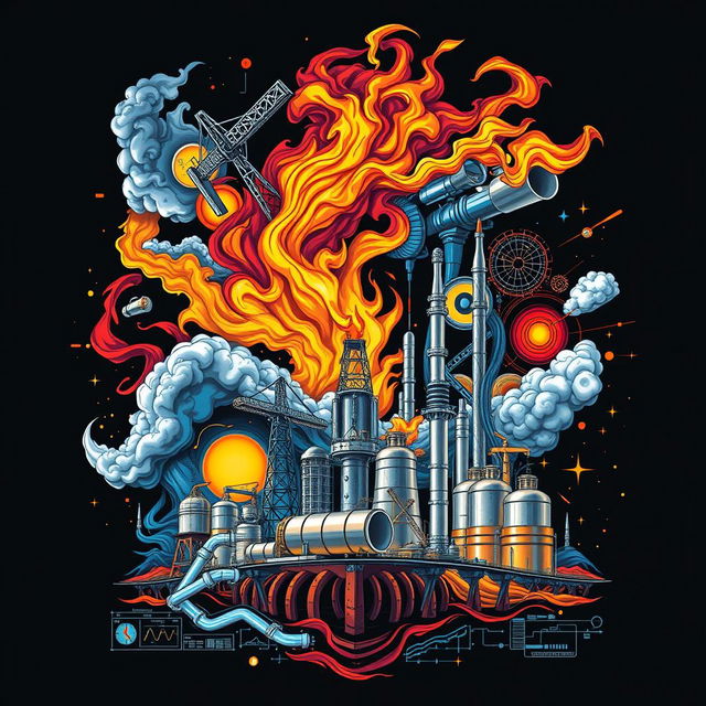 A dynamic and intricate t-shirt design featuring elements of the oil and gas industry