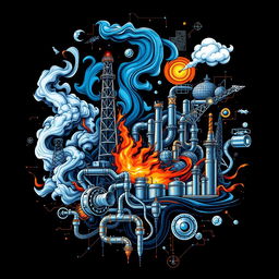 A dynamic and intricate t-shirt design featuring elements of the oil and gas industry