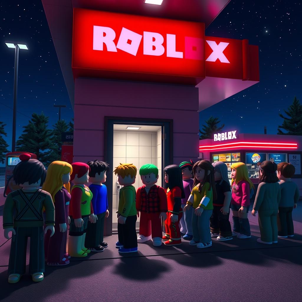 A nighttime scene in a Roblox world at a gas station, with a focus on the entrance to a bathroom where a line of diverse Roblox avatars is waiting