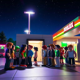 A nighttime scene in a Roblox world at a gas station, with a focus on the entrance to a bathroom where a line of diverse Roblox avatars is waiting