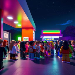 A nighttime scene in a Roblox world at a gas station, with a focus on the entrance to a bathroom where a line of diverse Roblox avatars is waiting