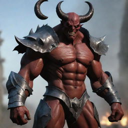 Enhance the image of the demon by adding extra layers of heavy, smooth armor, giving him a significantly more fortified and imposing appearance while maintaining a softened face.