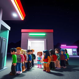 A nighttime scene in a Roblox world at a gas station, with a focus on the entrance to a bathroom where a line of diverse Roblox avatars is waiting