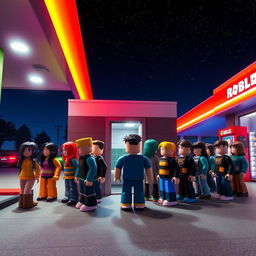 A nighttime scene in a Roblox world at a gas station, centering on the entrance to a bathroom where a line of diverse Roblox avatars is waiting