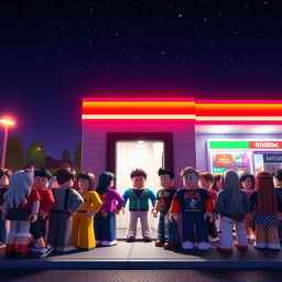 A nighttime scene in a Roblox world at a gas station, centering on the entrance to a bathroom where a line of diverse Roblox avatars is waiting