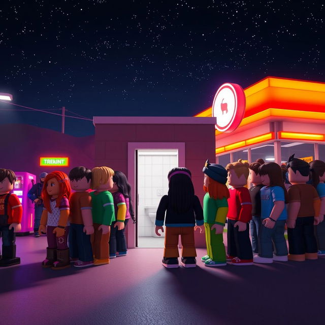 A nighttime scene in a Roblox world at a gas station, centering on the entrance to a bathroom where a line of diverse Roblox avatars is waiting