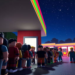 A nighttime scene in a Roblox world at a gas station, centering on the entrance to a bathroom where a line of diverse Roblox avatars is waiting