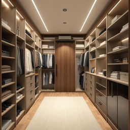 Design a modern, functional, and elegant walk-in closet in a room measuring 2