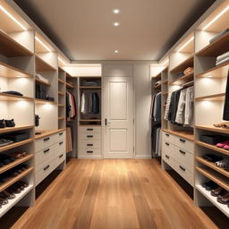 Design a modern, functional, and elegant walk-in closet in a room measuring 2