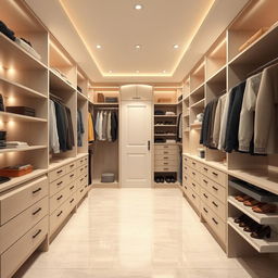 Design a modern, functional, and elegant walk-in closet in a room measuring 2