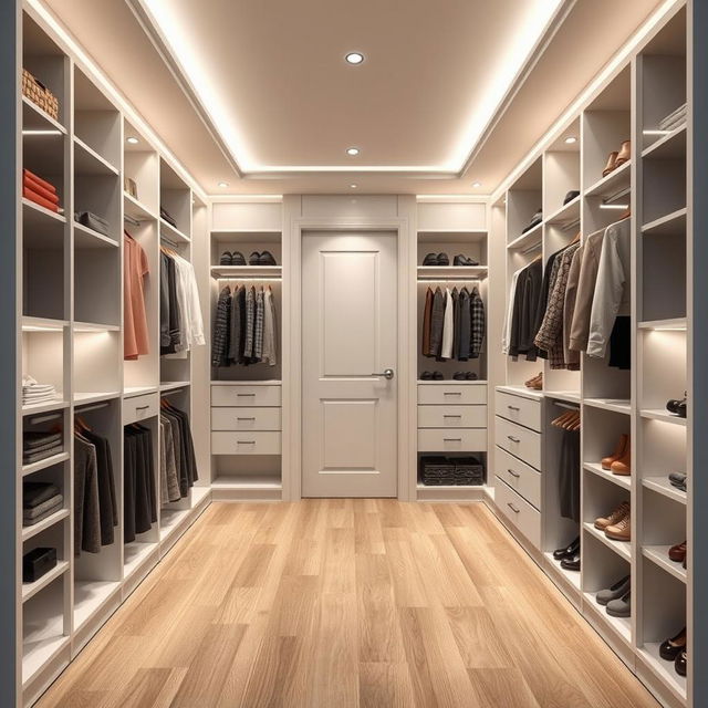 Design a modern, functional, and elegant walk-in closet in a room measuring 2