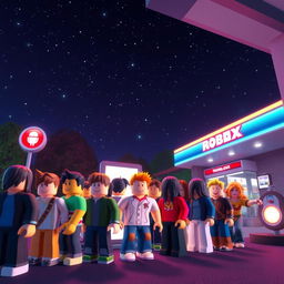 A nighttime scene in a Roblox world set at a gas station, featuring a diverse group of Roblox avatars lined up at the entrance to a bathroom