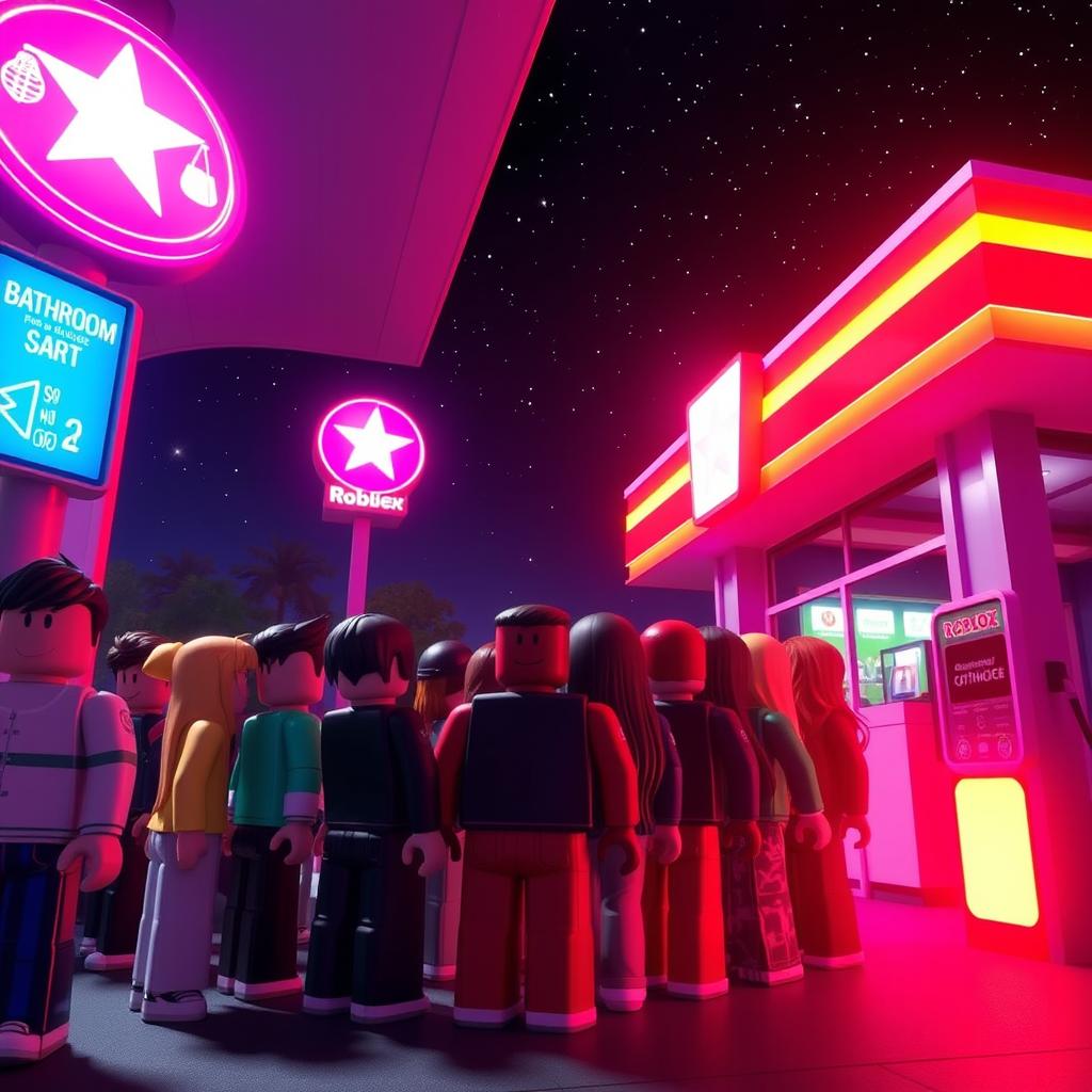 A nighttime scene in a Roblox world set at a gas station, featuring a diverse group of Roblox avatars lined up at the entrance to a bathroom