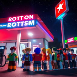 A nighttime scene in a Roblox world set at a gas station, featuring a diverse group of Roblox avatars lined up at the entrance to a bathroom