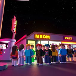 A nighttime scene in a Roblox world set at a gas station, featuring a diverse group of Roblox avatars lined up at the entrance to a bathroom