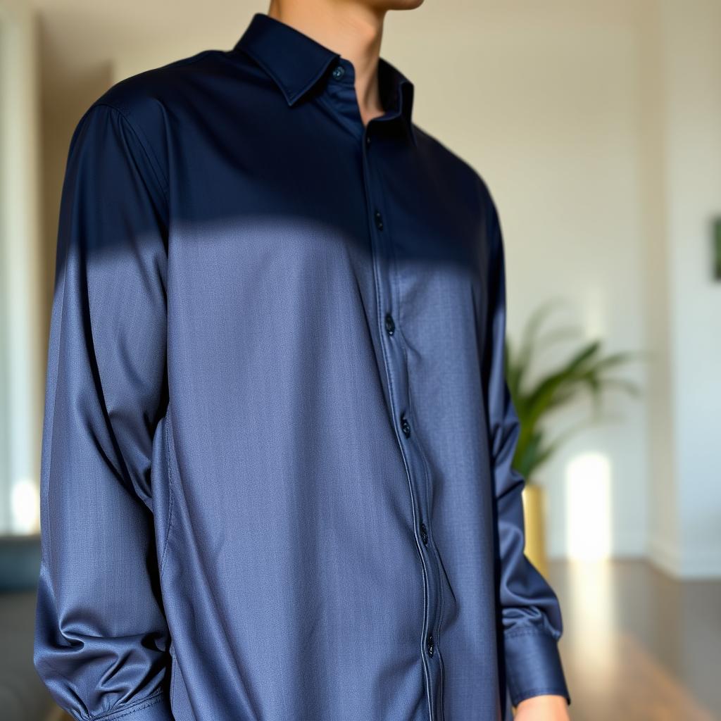 A person wearing a navy long shirt, designed with elegant and soft fabric folds that catch the light beautifully