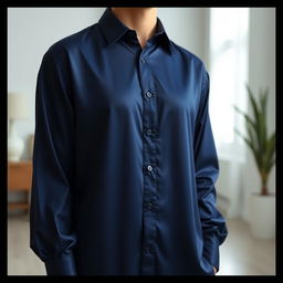 A person wearing a navy long shirt, designed with elegant and soft fabric folds that catch the light beautifully