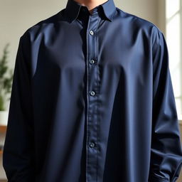 A person wearing a navy long shirt, designed with elegant and soft fabric folds that catch the light beautifully