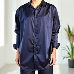 A person wearing a navy long shirt, designed with elegant and soft fabric folds that catch the light beautifully