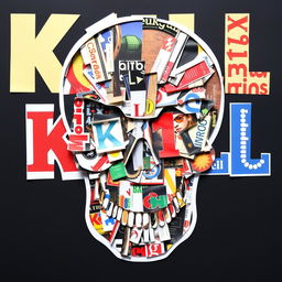 A creative collage of magazine cut-outs forming the shape of a skull, each piece strategically placed to outline and fill the image with colorful, eye-catching patterns