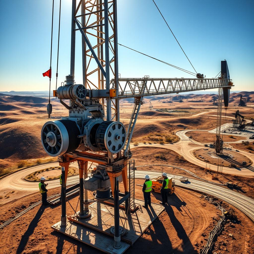 A powerful crane towering over an oil well site, surrounded by rolling hills and dusty paths