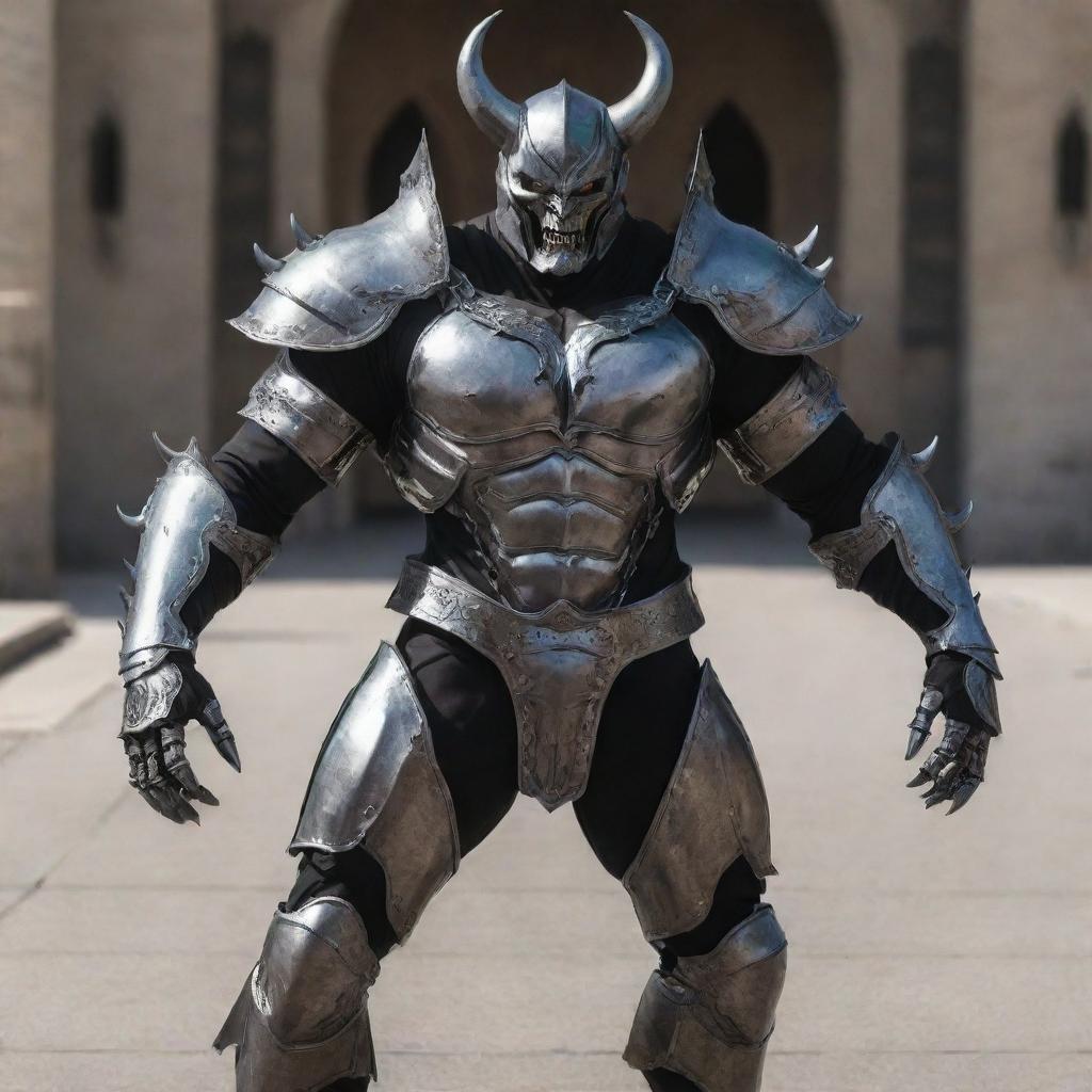 Upgrade the demon's appearance by suiting him in an elaborate full body armor, designed with smooth, high-quality metal. The armor seamlessly covers his physique, boosting his imposing presence.