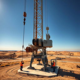 A powerful crane towering over an oil well site, surrounded by rolling hills and dusty paths