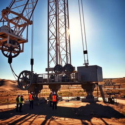 A powerful crane towering over an oil well site, surrounded by rolling hills and dusty paths