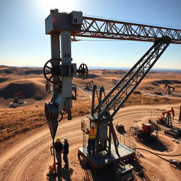 A powerful crane towering over an oil well site, surrounded by rolling hills and dusty paths