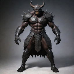 Revise the image of the demon, now clad in a full body armor covering his entire physique, except for his face, allowing his softened, animal-like features to remain visible.