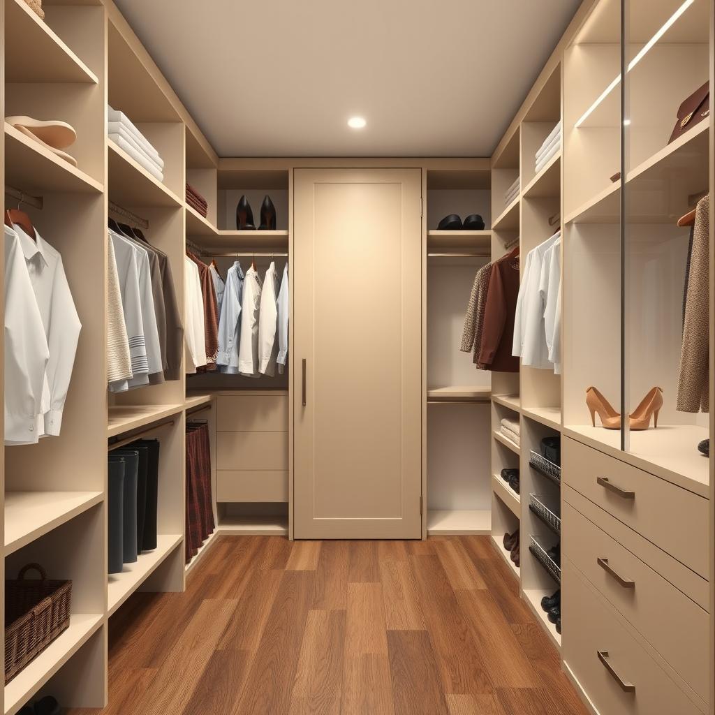 An elegantly designed modern walk-in closet, situated in a space 2